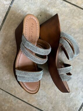 Marille. Silver Crystal Strappy Brown Wood Wedge Sandals soft rubber